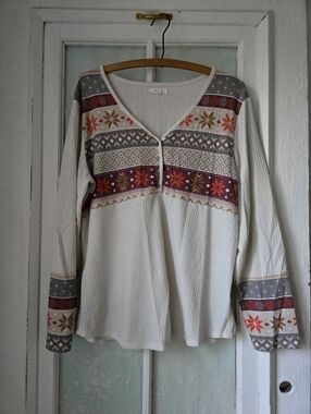 Maurices Cream Fair Isle Thermal Henley Top XXL